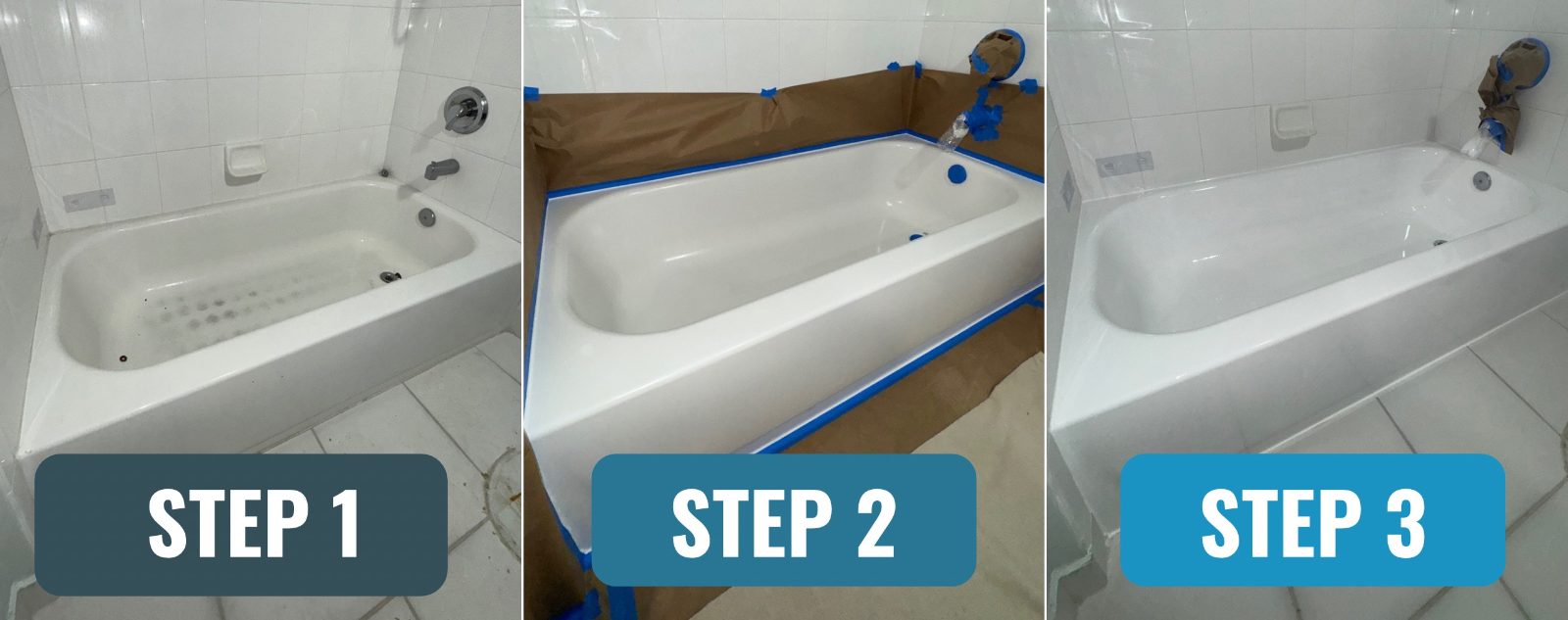 Three steps of a bathtub refinish: worn, masked and sprayed, finished